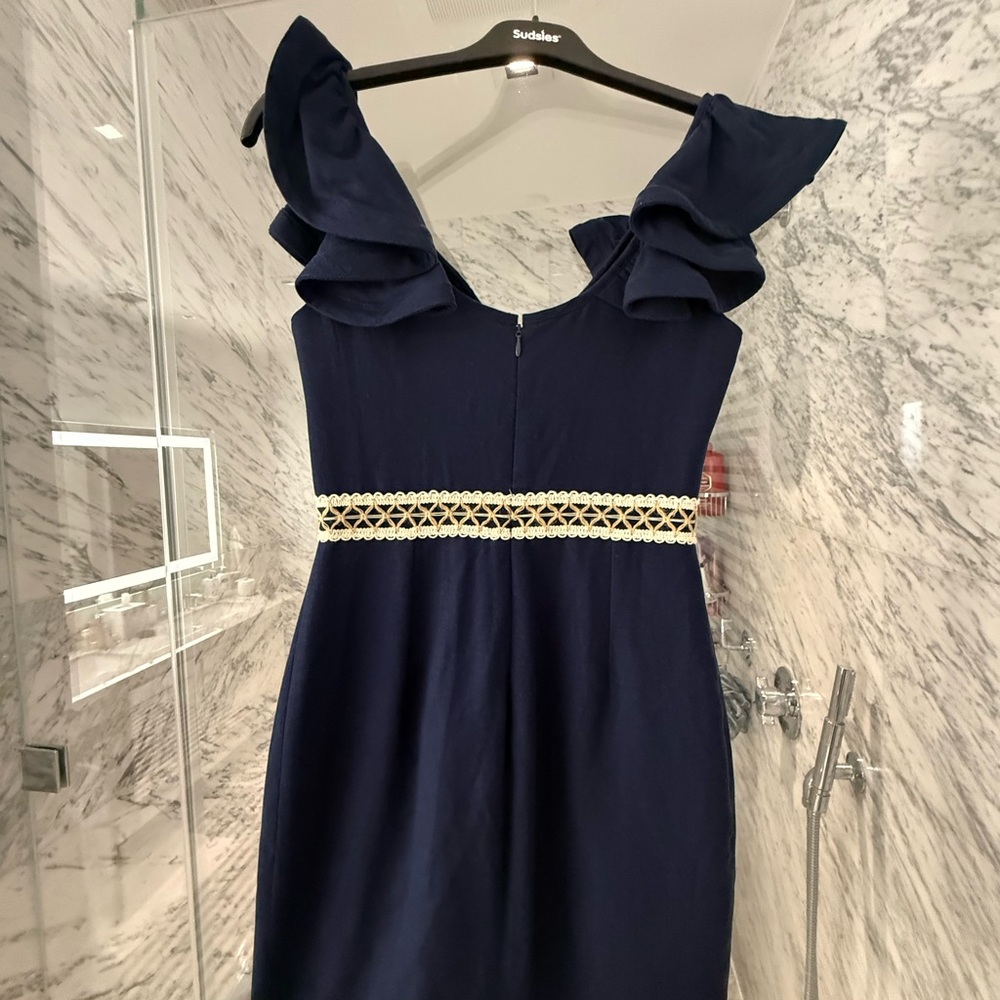 PatBO NEW Navy Ruffle Mini Dress w/ Crochet Waist & Fringe Hem | Size 4 - Picture 7 of 9